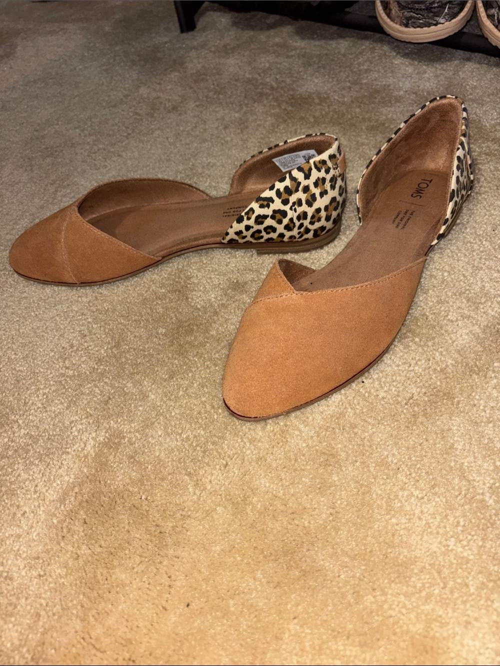 Toms Tan Suede D'Orsay Flats with Leopard Heel Accent